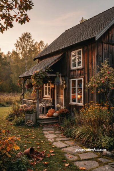 Witchy autumn cottage Bloxburg realistic fall house with dark wood and magical decor
