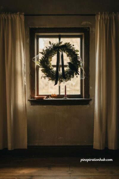Witchy wreath centerpiece for a Halloween window display