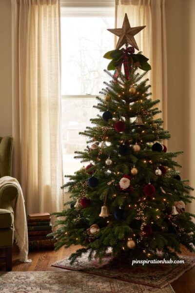 Wooden star Christmas tree topper with tartan ribbon