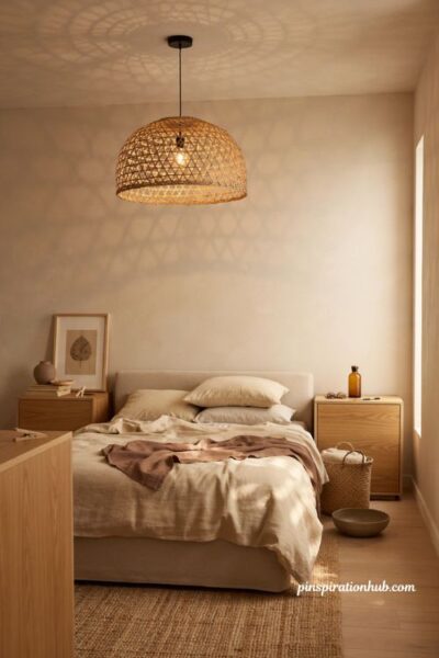 Woven rattan pendant bedroom lighting ideas for warmth