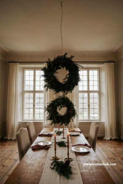 Wreath chandelier Christmas window decorations between tall windows