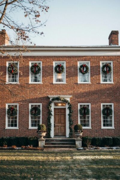 Wreath on every window with evergreen wreaths and red velvet ribbons