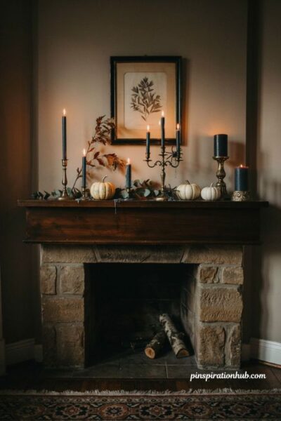 black candles in brass holders on a halloween mantel