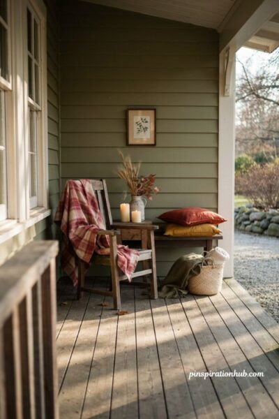 cozy fall porch seating with plaid blanket and warm textiles