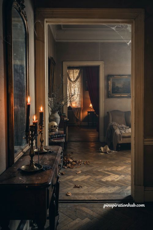 creepy halloween decorations in an old haunted vintage home with dim candlelight