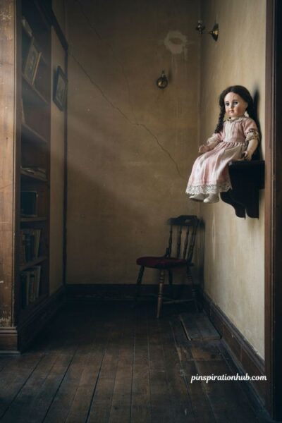 creepy halloween decorations with a vintage doll in a dusty bookshelf corner