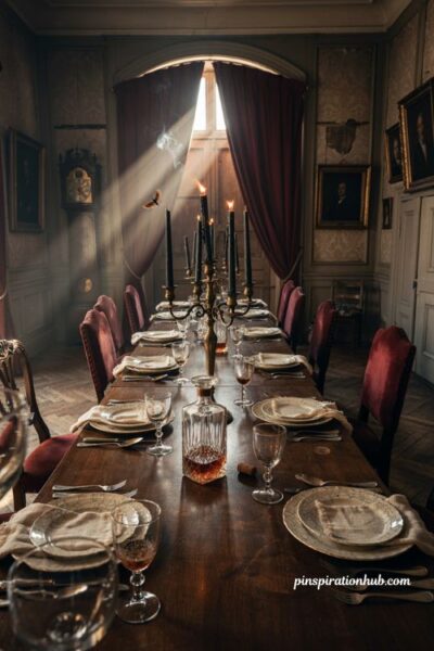 creepy halloween decorations with an abandoned gothic dining table and candles