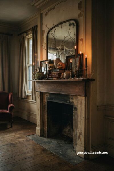 creepy halloween decorations with black candles skulls and vintage frames on a mantel
