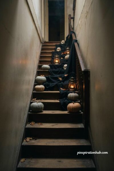 creepy halloween decorations with black fabric skulls and lanterns on a staircase