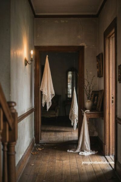 creepy halloween decorations with drifting cheesecloth ghosts in a dark hallway