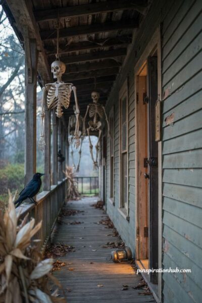creepy halloween decorations with uneven hanging skeletons on a haunted porch