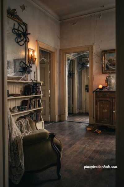 creepy halloween decorations with uneven spiderwebs across an old haunted room