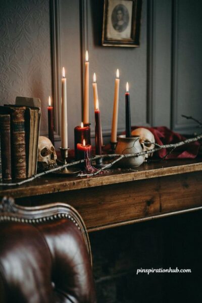 creepy halloween decorations with worn candles old books and skulls on a mantel