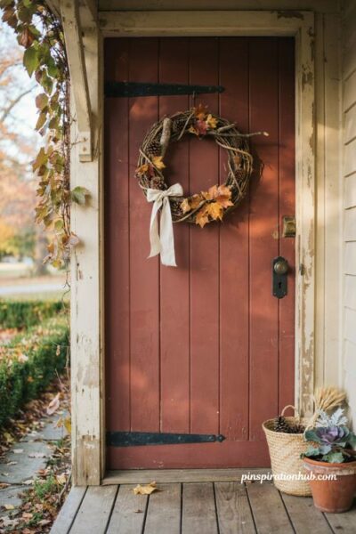 diy nature wreath with pinecones twigs and fall leaves on front door