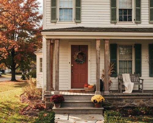 fall house exterior with simple pumpkins and warm autumn porch decor