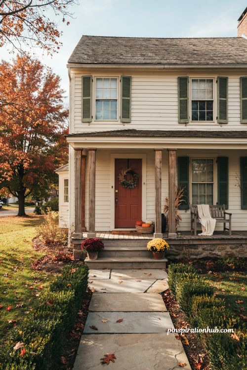 fall house exterior with simple pumpkins and warm autumn porch decor