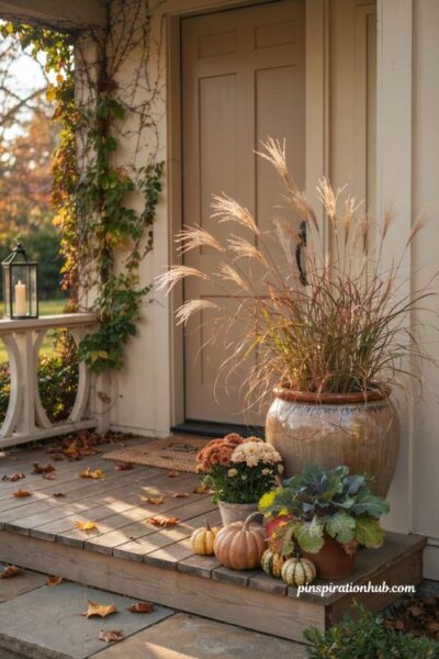 fountain grass adding height to a layered fall porch planter