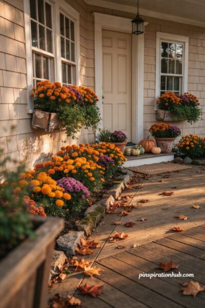 golden marigolds and purple mums in autumn porch planters