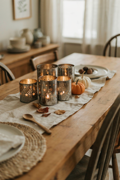 A bright three-quarter interior photography shot of an elegant fall entryway featuring a cluster of metallic spray-painted faux pumpkins arranged on a natural wood console table, captured at eye level with the full pumpkin display, console, wall, and surrounding entryway clearly visible and sharply defined. The space feels polished yet warm, sophisticated without being formal, like a simple seasonal update that replaces the usual bright orange pumpkins with a more refined collection that can be brought out year after year. Modern vintage cottage style with subtle farmhouse character, natural wood furniture, linen accents, woven textures, aged brass details, and understated autumn decor that feels collected rather than overly coordinated. A refined palette of antique bronze, muted gold, soft silver, warm cream, natural wood, caramel, and subtle rust creates an elegant jewelry-box feeling while keeping the room grounded and inviting. Key details include several faux pumpkins in different sizes, each covered in carefully applied metallic spray paint, with a balanced mixture of bronze, softly brushed gold, and muted silver finishes. The paint should have a gently softened sheen rather than a glossy plastic appearance, showing subtle areas of fine sanding that reveal tiny variations in the surface and create an intentionally aged, tactile finish. Preserve realistic pumpkin ridges beneath the paint, with natural-looking grooves, curved stems, small surface imperfections, and slight differences in shape between each faux pumpkin. Arrange the pumpkins in an organic cluster on the console, with the larger pieces toward the back and smaller pumpkins layered naturally in front. Add a vintage brass candlestick, a small ceramic vase with dried autumn branches, an old hardcover book, a woven tray, and a few muted fall leaves to reinforce the collected-over-time feeling without competing with the metallic pumpkins. Warm natural sunlight enters through a nearby window, creating soft realistic shadows and gentle highlights across the bronze, gold, and silver surfaces while revealing the fine sanding marks, pumpkin ridges, wood grain, ceramic texture, and woven fibers with every surface remaining crisp and fully visible. The mood feels elegant, reusable, practical, and quietly luxurious, visually showing how faux pumpkins can take on a completely different personality with metallic finishes while remaining useful as repeat seasonal decor. The varied sizes, softened metallic sheen, subtle imperfections, and layered console arrangement create a sophisticated fall display that feels intentional and timeless rather than shiny or overly plastic. no people, no text, no watermarks, no blur, no bokeh, all surfaces in sharp focus, photorealistic, 4K resolution, editorial interior photography, Pinterest-worthy