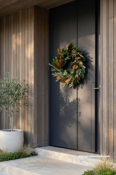 sleek magnolia greenery wreath on a modern fall front door