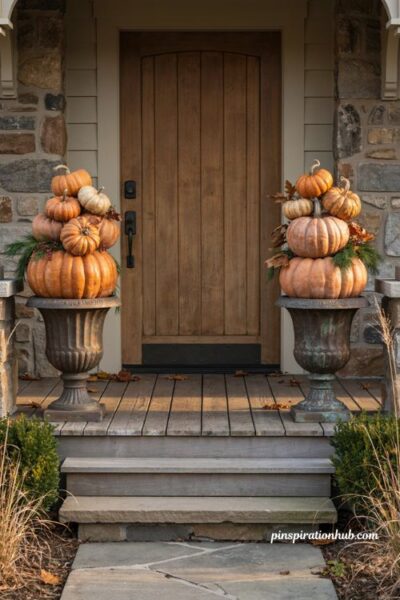 stacked orange pumpkins overflowing from decorative fall urns