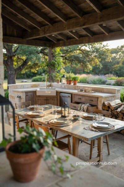 dream backyard outdoor kitchen with built in bbq and reclaimed wood dining table