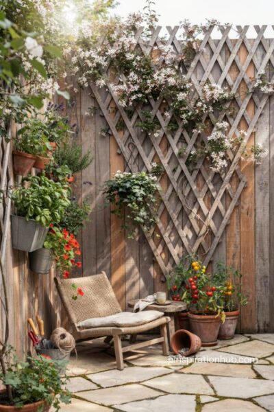 dream backyard vertical garden with trellises hanging baskets and lush wall planters