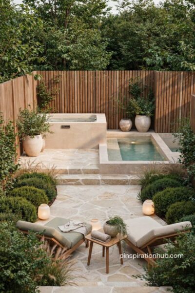 dream backyard with a private hot tub plunge pool and natural garden privacy