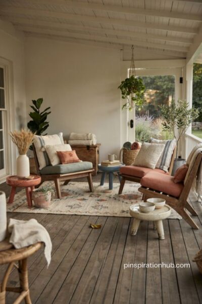 dream backyard with cozy outdoor cushions pillows blankets and colorful garden stools
